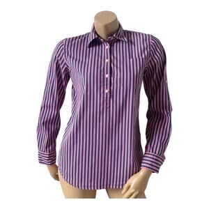 Lauren Ralph Lauren Pink Navy Striped Popover Button Front Shirt Top Women's S
